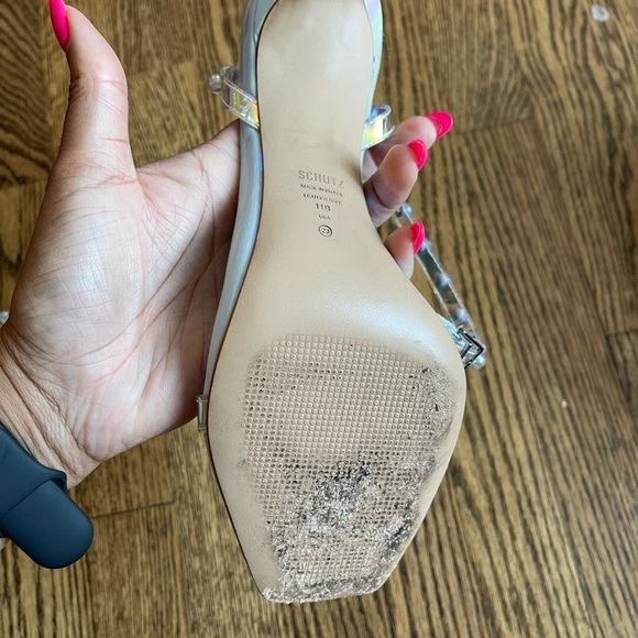 Schutz Pietra Faux Pearl-Embellished Iridescent Vinyl Sandals Size 11 - Picture 8 of 13